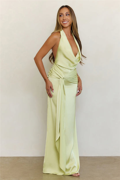 In Elegance Satin Halter Maxi Dress Lime
