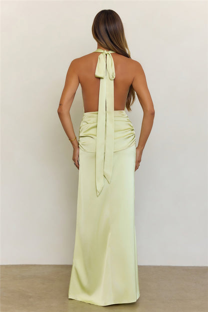In Elegance Satin Halter Maxi Dress Lime