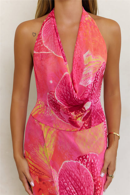 Island Dreamer Floral Cowl Halter Maxi Dress Pink