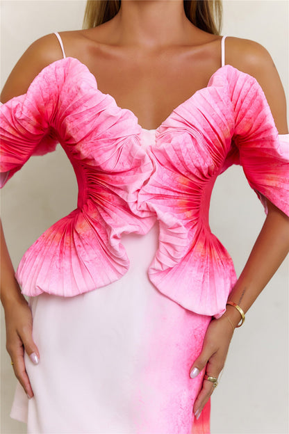 Sculptural Art Pleated Off Shoulder Mini Dress Pink