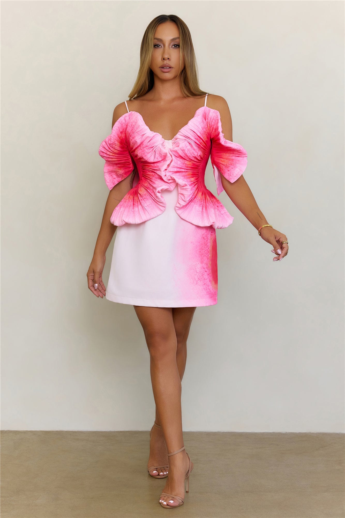 Sculptural Art Pleated Off Shoulder Mini Dress Pink