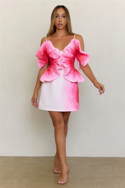 Sculptural Art Pleated Off Shoulder Mini Dress Pink