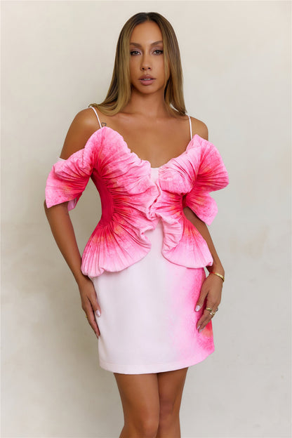 Sculptural Art Pleated Off Shoulder Mini Dress Pink