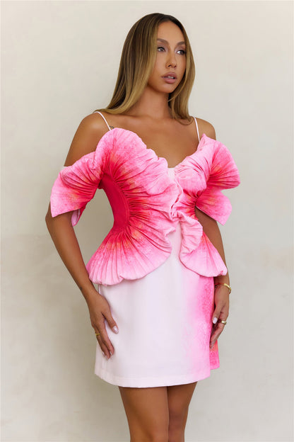 Sculptural Art Pleated Off Shoulder Mini Dress Pink