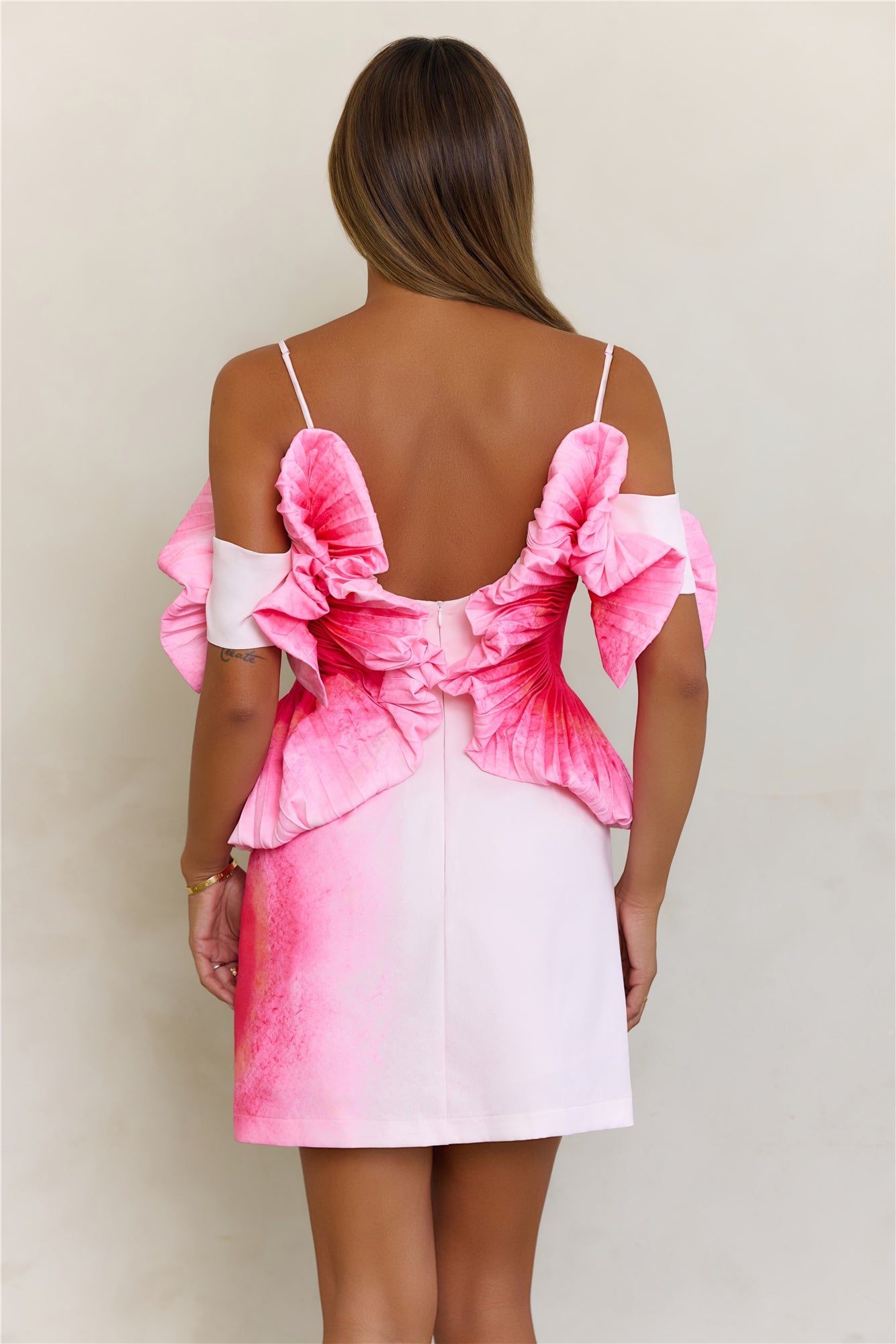 Sculptural Art Pleated Off Shoulder Mini Dress Pink