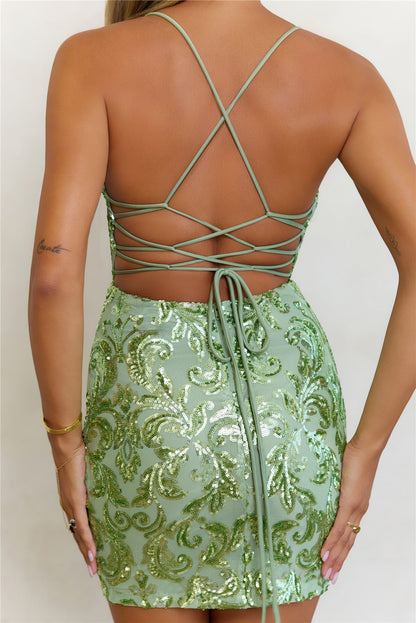 Shimmering Song Sequin Lace Up Mini Dress Green