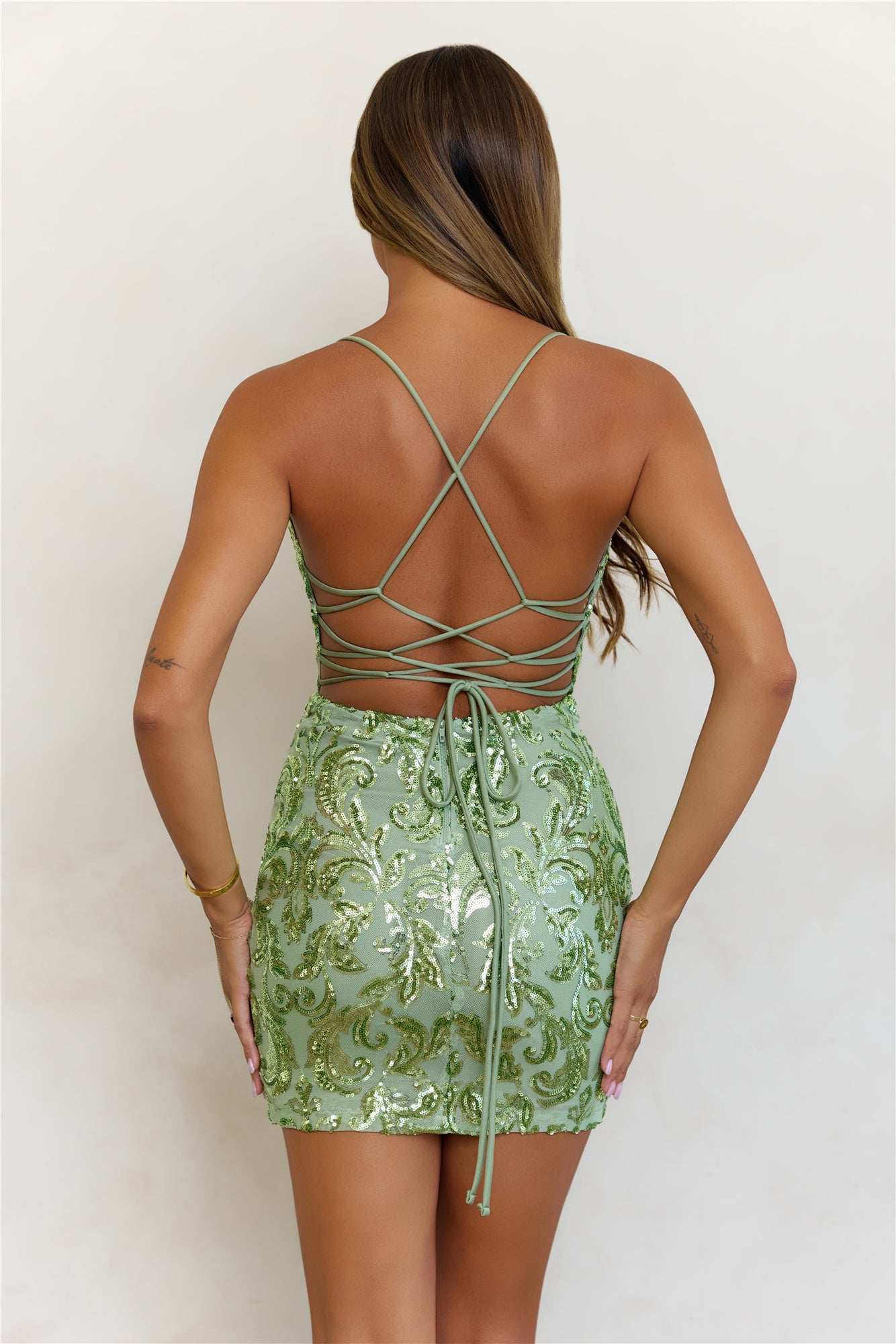 Shimmering Song Sequin Lace Up Mini Dress Green