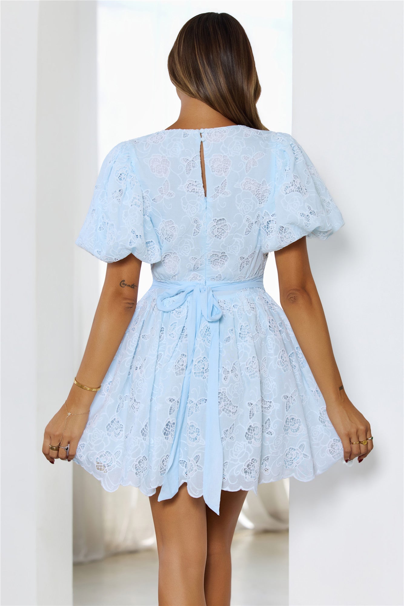 Sweet Butterfly Dreams Embroidered Puff Sleeve Mini Dress Blue