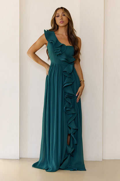 Elegant Frill One Shoulder Maxi Dress Green