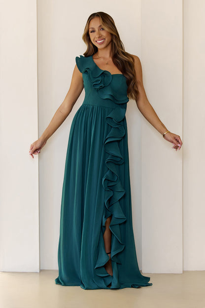 Elegant Frill One Shoulder Maxi Dress Green