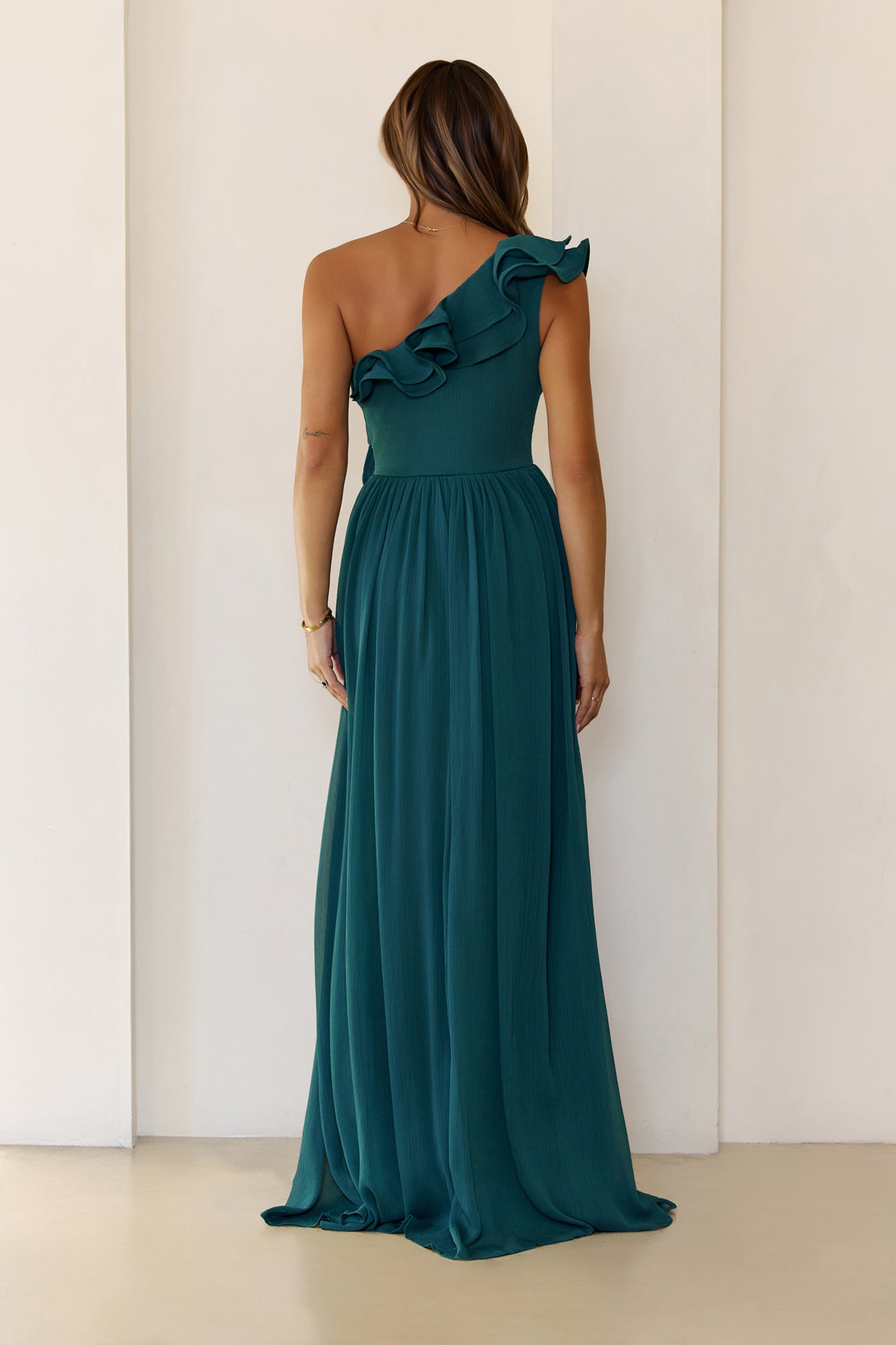 Elegant Frill One Shoulder Maxi Dress Green