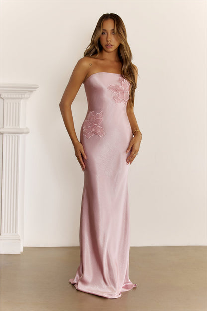Stardom Moment Satin Strapless Maxi Dress Pink