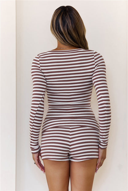 BASE Luxe Rib Fold Over Shorts Brown Stripe