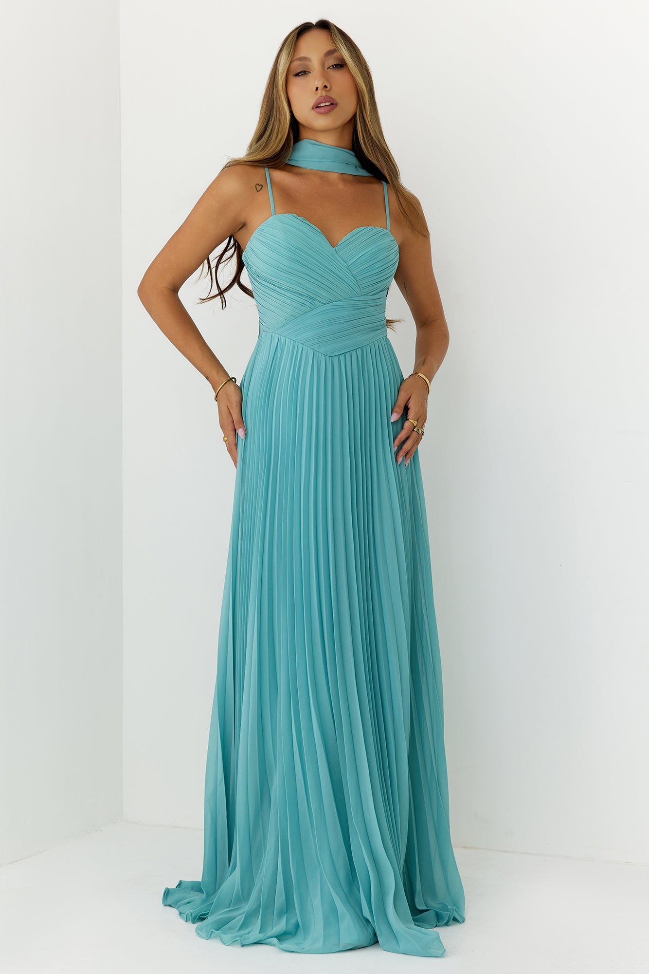 Sweetheart Pleated Scarf Maxi Dress Mint