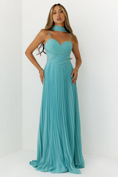 Sweetheart Pleated Scarf Maxi Dress Mint