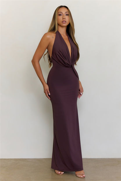 Starlit Heat Halter Maxi Dress  Chocolate