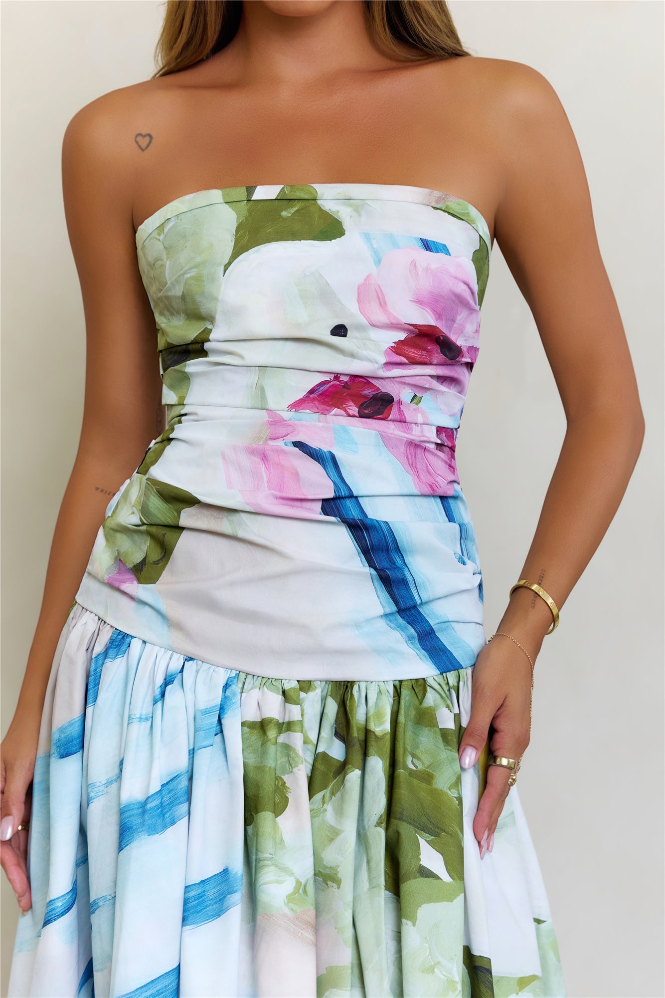 Radiant Garden Floral Strapless Drop Waist Maxi Dress Multi