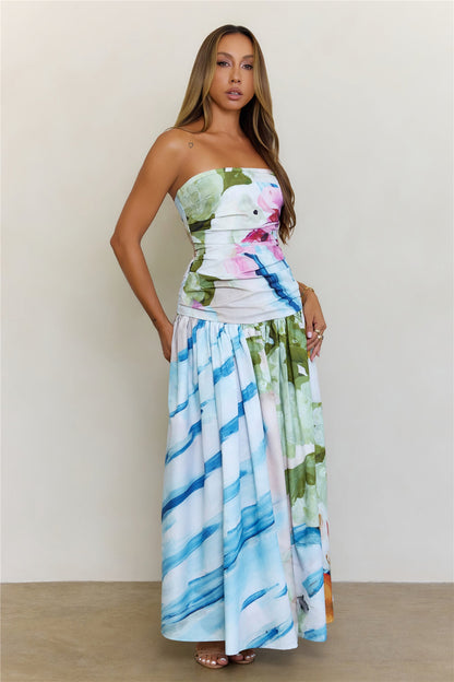 Radiant Garden Floral Strapless Drop Waist Maxi Dress Multi