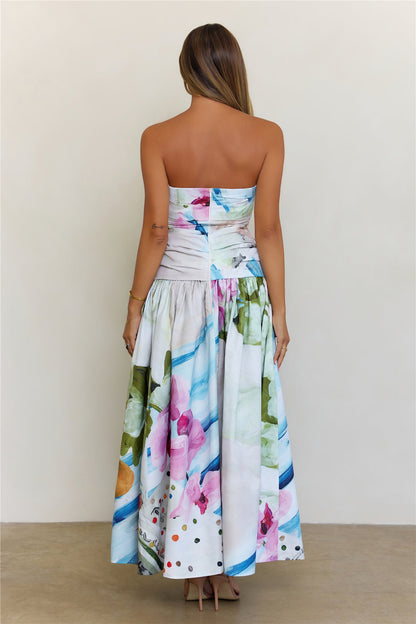 Radiant Garden Floral Strapless Drop Waist Maxi Dress Multi