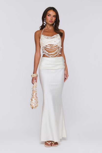 Sea Silky Satin Maxi Skirt Ecru White