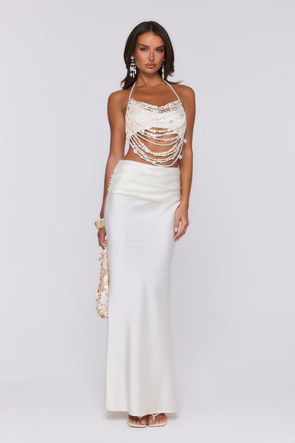 Sea Silky Satin Maxi Skirt Ecru White