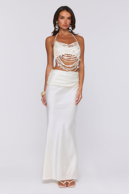 Sea Silky Satin Maxi Skirt Ecru White