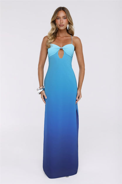 Azure Luxe Halter Maxi Dress Blue