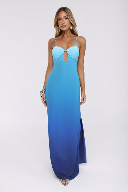 Azure Luxe Halter Maxi Dress Blue