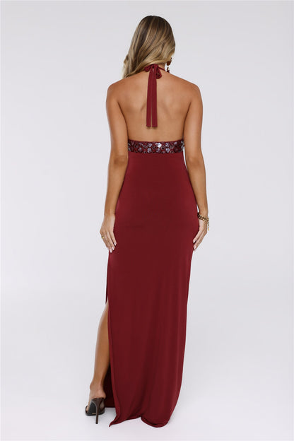 Shimmering Luxe Halter Maxi Dress Wine