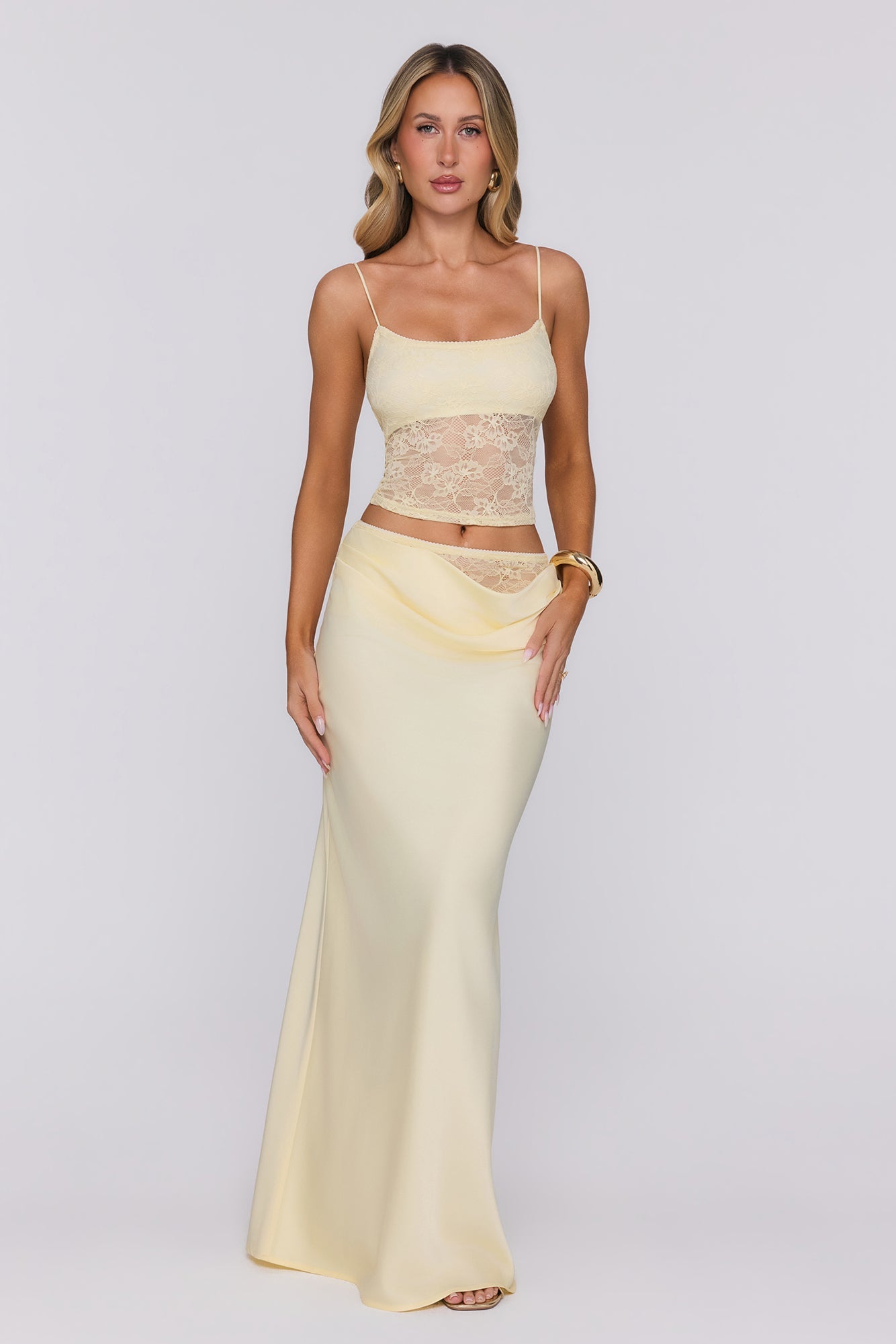 Candy Lemon Satin Lace Maxi Skirt Yellow