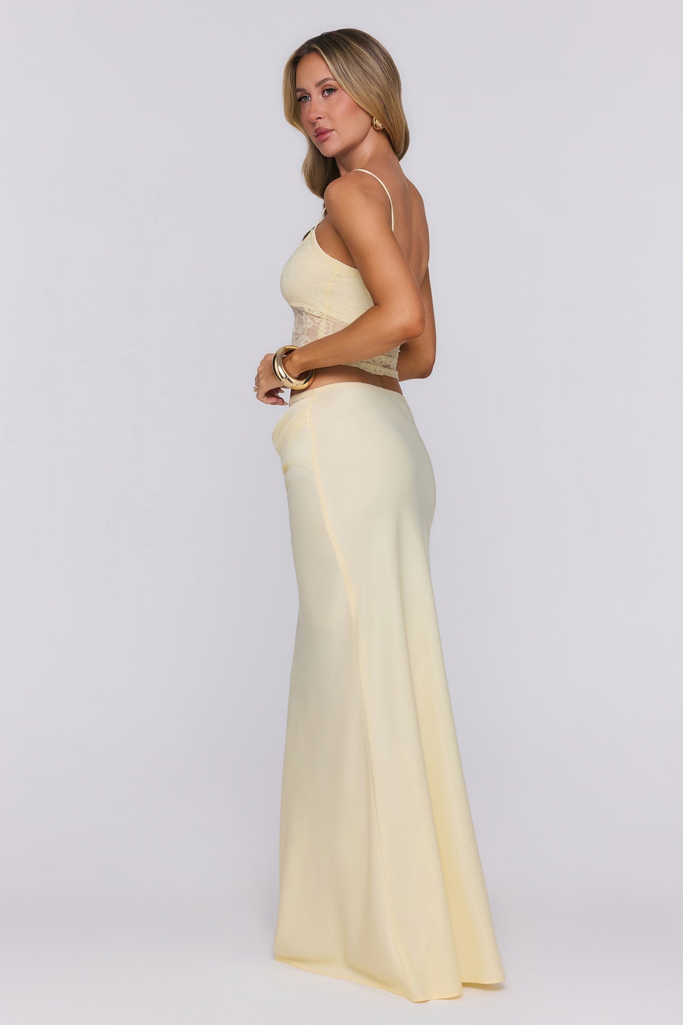 Candy Lemon Satin Lace Maxi Skirt Yellow