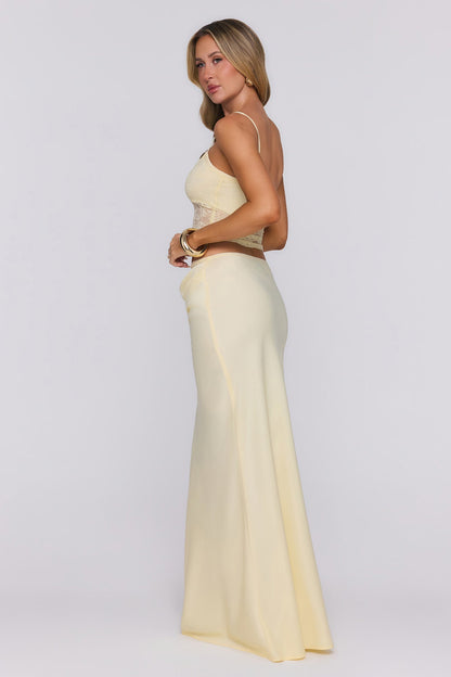 Candy Lemon Satin Lace Maxi Skirt Yellow