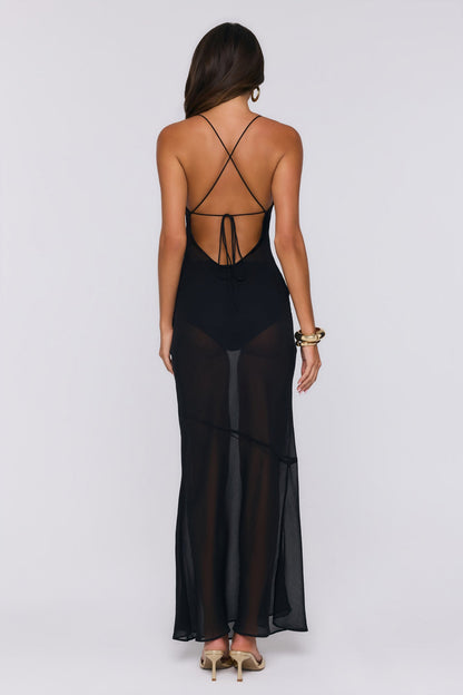 The Luxurious Slip Sheer Maxi Dress Black