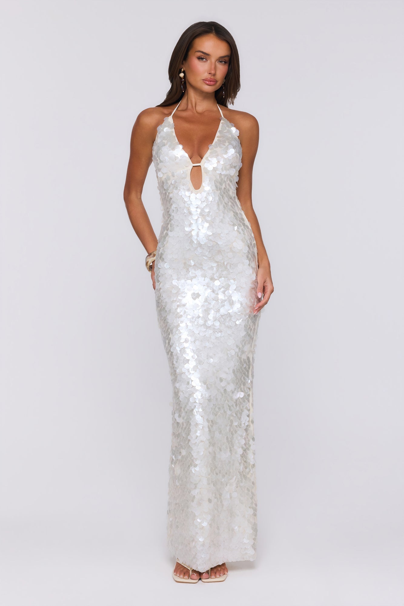 Sparkling Affair Sequin Halter Maxi Dress Ecru White