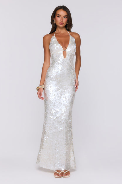 Sparkling Affair Sequin Halter Maxi Dress Ecru White