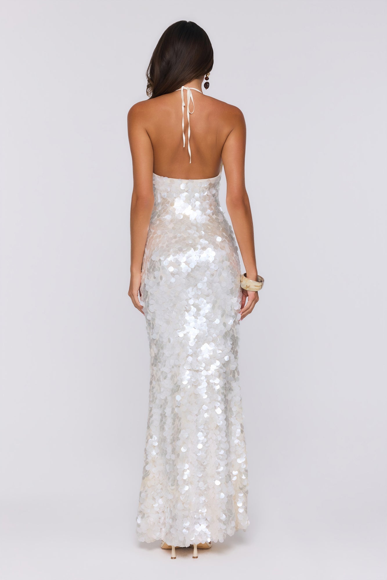 Sparkling Affair Sequin Halter Maxi Dress Ecru White