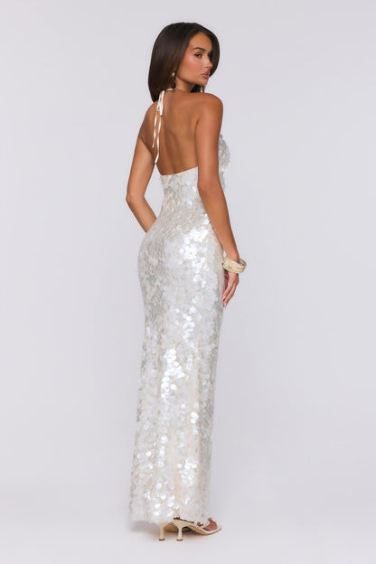 Sparkling Affair Sequin Halter Maxi Dress Ecru White