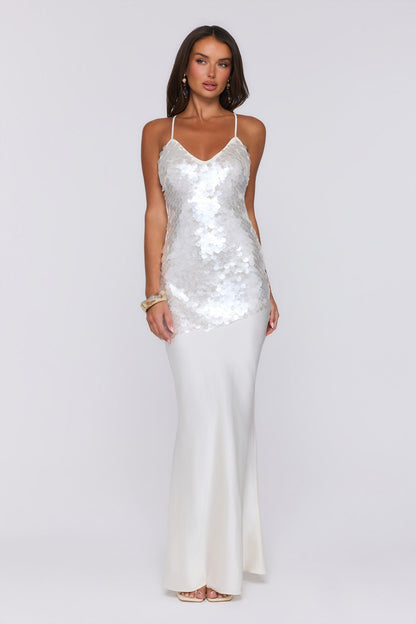 Shimmer Glow Sequin Maxi Dress Ecru White