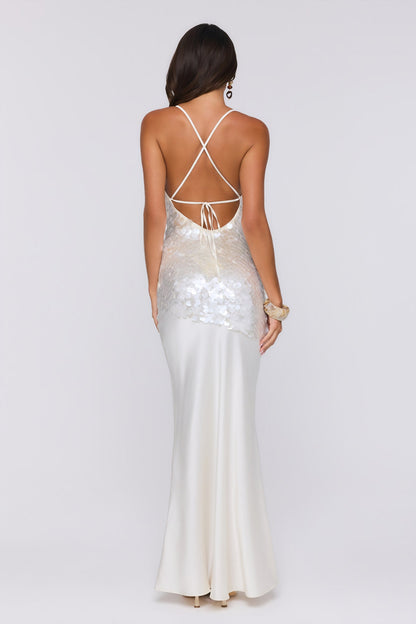 Shimmer Glow Sequin Maxi Dress Ecru White