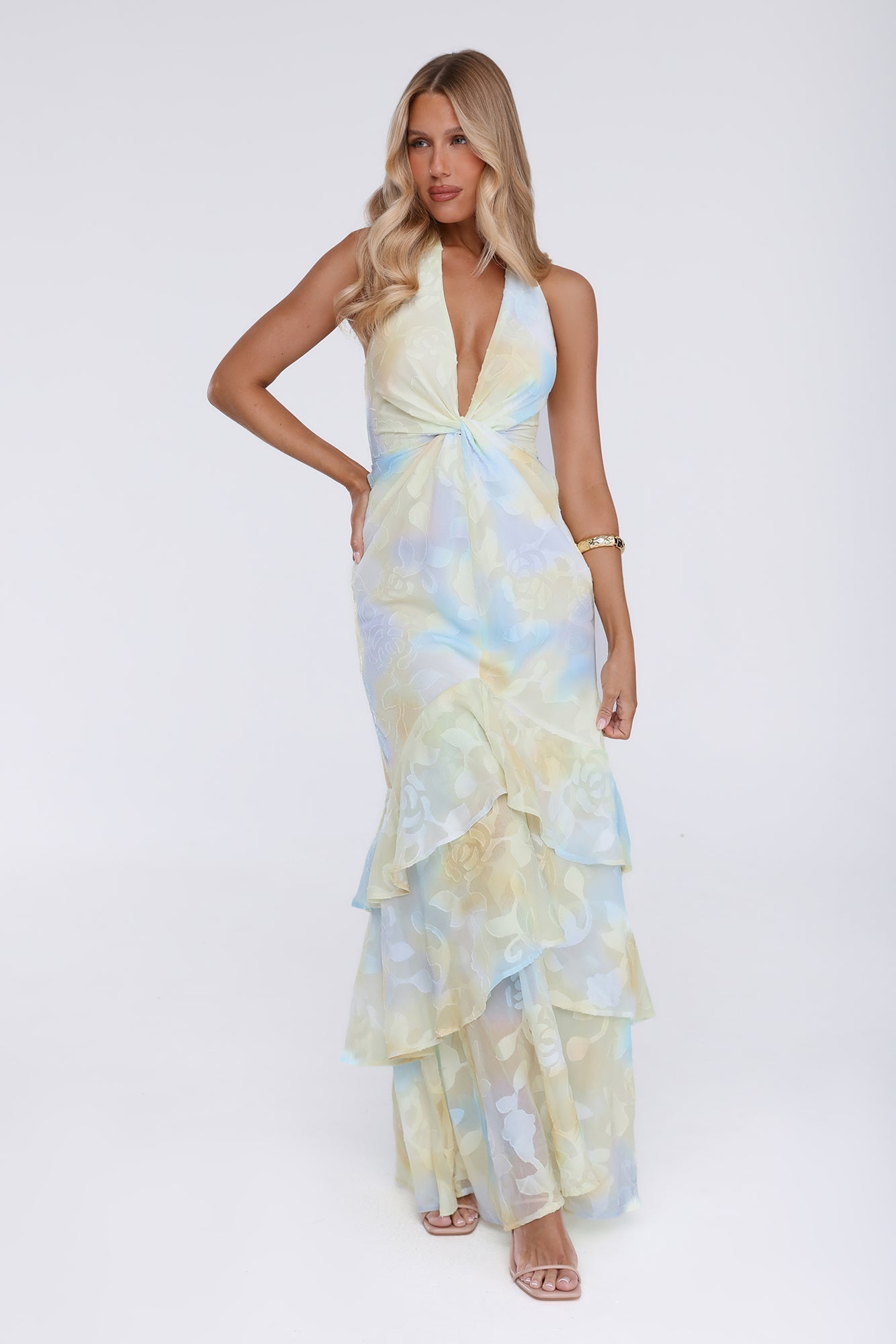 Sultry Bloom Halter Maxi Dress Yellow