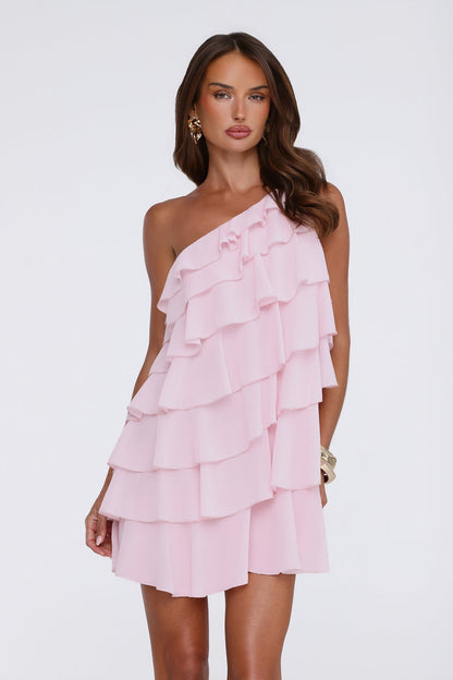 Gentle Bloom One Shoulder Mini Dress Pink