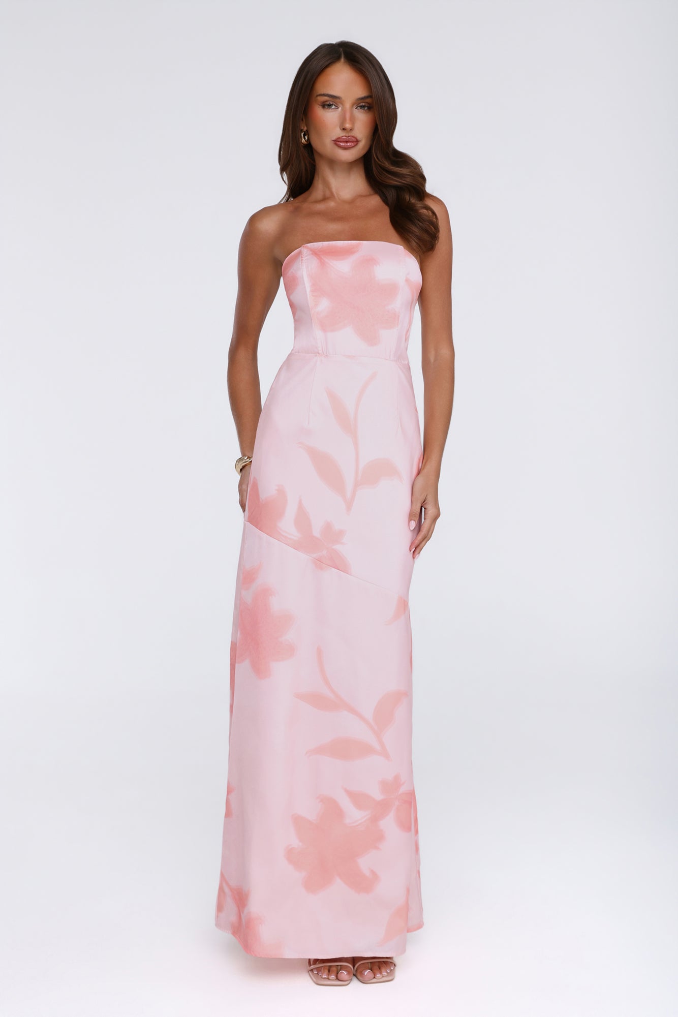Warm Waves Strapless Satin Maxi Dress Peach Floral Print