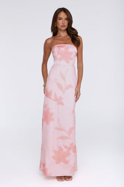 Warm Waves Strapless Satin Maxi Dress Peach Floral Print