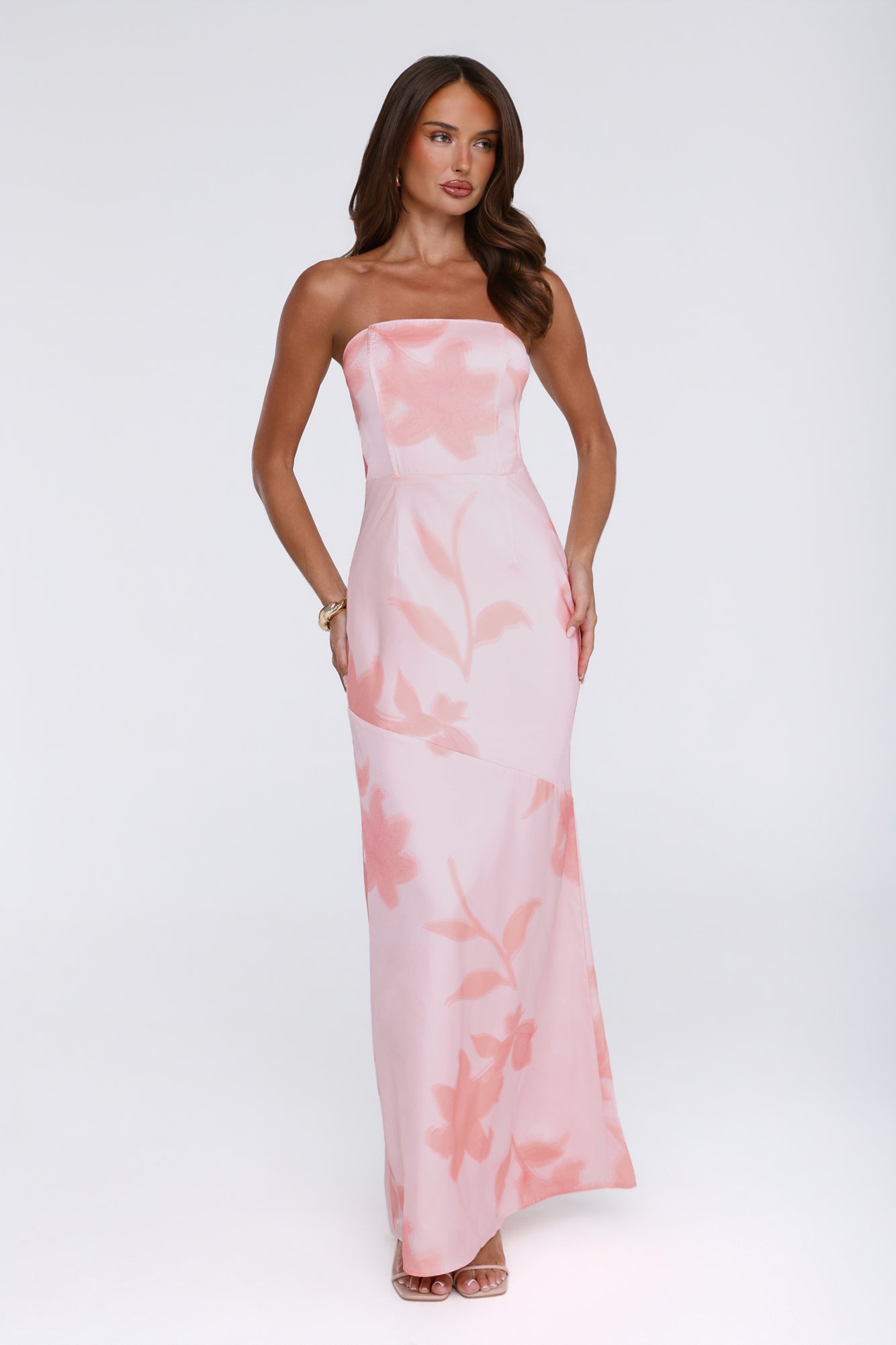 Warm Waves Strapless Satin Maxi Dress Peach Floral Print