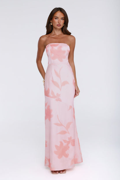 Warm Waves Strapless Satin Maxi Dress Peach Floral Print