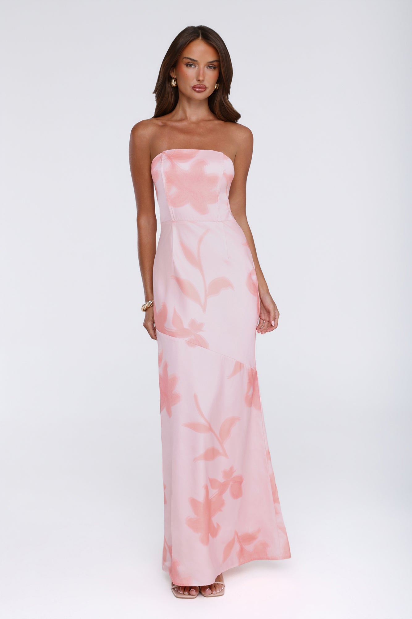 Warm Waves Strapless Satin Maxi Dress Peach Floral Print
