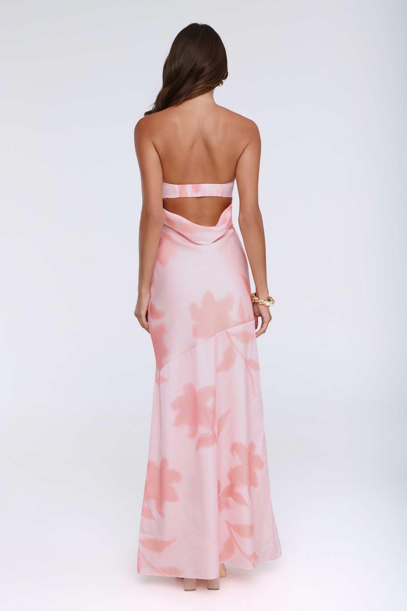 Warm Waves Strapless Satin Maxi Dress Peach Floral Print