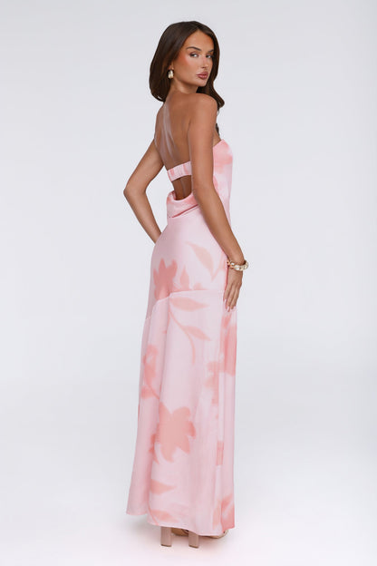 Warm Waves Strapless Satin Maxi Dress Peach Floral Print