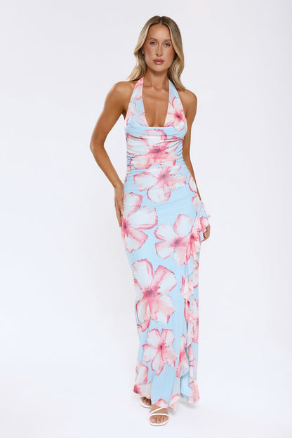 Sweetly Said Mesh Halter Maxi Dress Blue