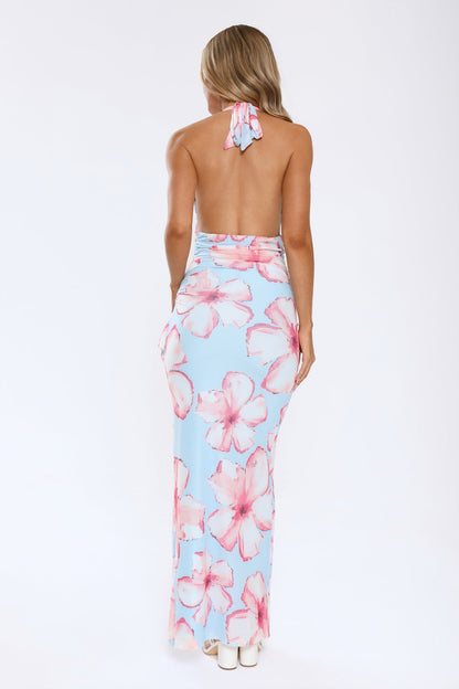 Sweetly Said Mesh Halter Maxi Dress Blue